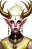 Placeholder: A young tiefling woman with a set of ram horns on her head encrusted with jewels, White-Blonde, short hair, black eyes, no pupils, dressed in all white with lots of jewelry, beautiful, she looks like an angel