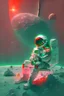 Placeholder: Astronauta con traje de color verde oscuro, visor de color rojo, sentado sobre un asteroide, flotando en el espacio, sin rumbo, con el Sol a la izquierda de fondo.