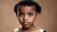 Placeholder: young Egyptian Lebanese, (child) looking right, Ebony skin, heart-shaped head shape, pink unremarkable lips, dark penetrating eyes, blue eye colour, angular feathery eyebrows, asymmetrical nostrils drooping tip nose, sunken rosy cheeks, prominent wrinkles chin, straight underbite jawline, low curved forehead, small ears, expression of apprehension, muttering, Curls hair, burgundy hair colour, Sunglasses, Snood Bracelet, short body type, hands in pocket, blue burgundy