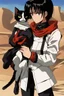 Placeholder: Meryl Stryfe Trigun young girl short black hair anime white clothes standing in the desert with a cat in her arms