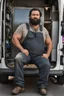 Placeholder: close up photography of an ugly 36 year old chubby robust burly turkish plumber, wearing his work unbuttoned bulging overalls, bulge, leaning with his back to his van, arms folded and emotive look, ajar mouth, hairy chest, , very virile, short black beard, shaved hair, sweat, , in a sunny street, photorealistic , frontal view from the ground