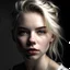 Placeholder: woman, twenty years old, chin pointed up, white blond hair, dark grey eyes, light pale skin, rose lips, portrait, close up, beatiful young woman, many shadows, hair tied up, loose strands framing face, little make up, ferfect skin, defying expression, wild hair