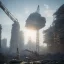 Placeholder: new sky towers, Giant hybrid human future armor workers, large tools digging up earth ore, heavy construction machines, rebuild city, molten metal,