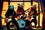 Placeholder: punk Groundhog rock band, playing the guitar, the drums and a saxophone. Window background, Orion Nebula. fun, artistic, hdr, crisp quality, award winning, 4k, warm colors, photo-realistic, digital painting