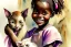 Placeholder: A cute smiling African girl is holding a kitten. Watercolour