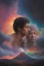 Placeholder: close-up, Head and shoulders portrait of Adam and Eve, extremely colorful, multicolored lightning, outer space, planets, stars, galaxies, fire, explosions, smoke, volcanic lava, craggy mountain peaks in the background, 32k UHD, 1080p, 1200ppi, 2000dpi, digital photograph