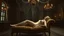 Placeholder: Old room with high ceiling, reclining female figure on vintage divan, luminescent skin contrasting with darkness, bats perched on antique chandeliers, cobwebs glowing with silver light, romantic Gothic atmosphere, Pre-Raphaelite style