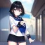 Placeholder: Clear focus,High resolution, Black short fluffy hair, and blue eyes, wearing a sailor uniform, must wear a short skirt, Blushing, Wearing black fingerless gloves,