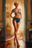 Placeholder: full length low angle airbrush portrait of young barefoot woman standing legs apart, wearing crop top and silk shorts with blond hair in pixie haircut, tan complexion, and wireframe glasses, sapphire pendant, confident expression, by pino daeni bare feet resting on hardwood floor, in opulent parlor with antiques, relief hangings, and a crystal decanter, perfect toes, pedicure