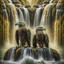 Placeholder: portrait of psychedelic eagle couple on surfboard in waterfall, in the style of escher , 8k, down-light, soft light, depth of field, photo realism, trending on art station, high detail, smoke and fog