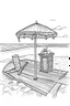Placeholder: Outline art for coloring page, SHORT SQUARE WICKER PICNIC BASKET WITH HANDLES SET, BEACH TOWEL UNDER A TALL BEACH UMBRELLA, HAWAII BEACH, coloring page, white background, Sketch style, only use outline, clean line art, white background, no shadows, no shading, no color, clear