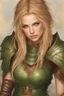 Placeholder: A beautiful woman with blond hair and green eyes. Brown leather armor.