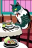 Placeholder: Cat, sitting at a table, eating sushi,perfect iris, ink and pencil, style Tintin