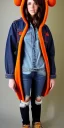 Placeholder: Brunette woman.thick thighs,thick calves,normal bodytype. big head. Mantle is sewed of upcycled Denim and sewed together of camouflage pieces. Colors are orange,red, cream and purple and various denim colors. It is with big bright purple felt tippet and cream-colored-hood. mantle is merged with satchel, ochre. AKG-style headphones (gold rings!) is merged with small felt cap with visor. Style: Haute Couture in 1950's, N.Y.C fashion in 2024, inspired by street art. Cream latex gaiter. Tennis shoes