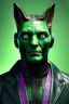 Placeholder: Medium Close Up Portrait, Front image. cyberpunk, rabbit mask helmet, strong man, green hair. latex suit. Purple, green, color. Joker style. Color background, photo studio. Avatar image, highly detailed, concept art, smooth, unreal engine 5, ray tracing, RTX, lumen lighting, ultra detail, volumetric lighting, 3d, finely drawn, high definition, high resolution.