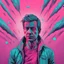 Placeholder: portrait of man in deep thought, ideation on cosmological evidence for the heat death of the universe, dramatic colors pink and cyan