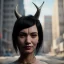 Placeholder: A medium-close-up shot of a black-haired tribal woman with horns standing on a sidewalk in a cyberpunk city. The woman only has one head, but also a gentle smile.