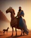 Placeholder: An ancient Arab poet next to a mare in the desert in front of a tent , full body, cinematic, 8k, resolution concept art portrait by Greg Rutkowski, Artgerm, WLOP, Alphonse Mucha dynamic lighting hyperdetailed intricately detailed