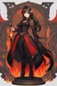 Placeholder: A young woman with pale skin and long brown hair in a fantasy setting with intricate details. Her attire is sleek black and red. She is smirking, has intense red eyes, intimidating presence, exudes an aura of malevolence. High definition. Fire in the background.