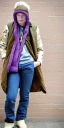 Placeholder: Image shows wholly a Brunette. average body type. Mantle is sewed of recycled Denim and sewed together of camouflage pieces. Camouflage colors are orange,terracotta, cream and purple. Cream latex gaiter. Big bright purple/khaki felt tippet and cream or blue or lilac colored-hood. mantle is merged with satchel. . AKG-style headphones (gold rings!) is merged with small felt cap with small visor. Style: Haute Couture in 1936, Paris fashion in 2023. More yellow(Munsell)!!!