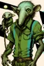 Placeholder: Artist Jean-Baptiste Monge style. A old biomorph male humanoid with Anteater face. Bright eyes. A green and blue striped outfit. Modifiers: Tim Burton Craig Rutkowski Modifiers:neon glowing Iridescent black ink