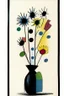 Placeholder: Pen, ink and oil transfer minimalist print of flowers in a vase in rainbow colours in the style of Paul Klee