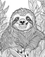 Placeholder: create a 2d black outline, "safari smiling cartoon sloth coloring book for adults", coloring page, low details design, black contour, coloring page design, simple background, colorful , card style, coloring page for adults, white background, sketch style, safari landscape, cartoon style