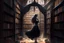 Placeholder: full-height shot of a woman in a tight black dress, inside a large magic book shop, books, bottles, windows