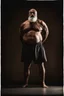 Placeholder: full body human figure shot photography from the ground of a burly ugly chubby 38 year old turkish boxer with big broken nose, silver beard, muscular beefy man shirtless, manly chest, big shoulders, photorealistic , side light, in a dark room, view from the ground