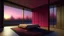 Placeholder: Perspective three-dimensional fu angle: On the right side are three windows, elegant and neatly framed. The curtains are opened and the windows are closed. Outside the window is a dark grassland at night. Inside the window is a warm and comfortable room with wood grain floors and dim light. On the left is a comfortable bed with a pink carpet under it. The bed There are bedside lamps on both sides of the room, and three high-quality, comfortable velvet sofa chairs are placed in the room.