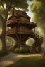 Placeholder: large medieval wooden treehouse, with a balcony, and a cobbled road going through the middle, in a wood, photo-realistic