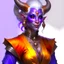 Placeholder: A tiefling (d&d race) quite old. She is a woman with purple skin, gray hair and orange eyes. She has two horns similar to those of a bull. She wears many jewels and is dressed elegantly. She must be in American comic-book style.