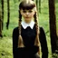Placeholder: Young brigitte bardot as Wednesday addams, braids, bangs, in tge woods