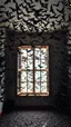 Placeholder: A room full of flying thousands of bats everywhere on a the walls , ceiling, coming all from an open window