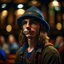 Placeholder: portrait of hippie wood elf with bucket hat in dark royal ancient concert hall , photo-realistic, shot on Hasselblad h6d-400c, zeiss prime lens, bokeh like f/0.8, tilt-shift lens 8k, high detail, smooth render, down-light, unreal engine, downlight