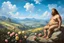 Placeholder: a handsome, fat man with a well-groomed, bearded face and long, curly hair. He is sitting naked on a rock, surrounded by a picturesque valley adorned with pink and yellow rose flowers. The spring sky above is adorned with breathtakingly beautiful clouds. like oil paintings 19th century