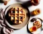 Placeholder: Round waffle with maple syrup plate, plaid napkin fork butter