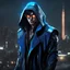 Placeholder: Mysterious male Korean cyberpunk wizard, blue jacket, glowing grey eyes, video game character, trending DeviantArt, trending ArtStation, post-apocalyptic background
