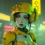 Placeholder: a feminine cyborg android, yellow, post apocalyptic, fallout, dystopia, neon vintage anime