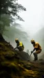 Placeholder: African workers in a cave digging for gold in cloudy fog forest with African custom