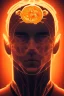 Placeholder: man in the bitcoin brain, Fire theme art, Dark moody night atmosphere, , 8K, close-up face, anatomically perfect face