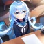 Placeholder: Clear focus, High resolution, long fluffy light blue hair, hair between eyes, long locks, wearing a sailor uniform, wearing a sailor skirt, long black socks, 1girl, cartoon, cute, UNFOTABLE studio