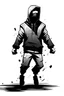 Placeholder: Just shoulders man with no head, headless, without head, only arms, body and legs 8-bit drawing platformer game character running to the left with arms out, everything black and white except the hoodie