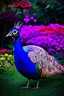 Placeholder: A (((vividly glowing purple neon peacock))), intricate details and ornate patterns, in a beautiful garden