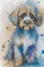 Placeholder: Abstract wet watercolour of a cockapoo, ink lines, splashy background, bifurcated circles, detailed,focus on eyes, watercolour paper