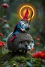 Placeholder: depth of field, halo, close up on blue and red clothed gnome riding hedgehog opossum with lance in garden of eden in the style of Escher and Giger