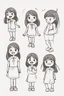 Placeholder: Little girl characters expressing different emotions, such as happiness, surprise, and curiosity. Use heart shapes to depict various facial expressions.,very happy , Colloring page for todlliers ; basic hawali style cartoon , black and white , ink outlines , , smooth , anime style , minimalist , cute eyes , full body , white shose , sketchbook , realistic sketch , free lines , on paper , character sheet , clean line art high detailed