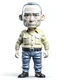 Placeholder: 4D cartoon with big head, ultra-realistic details of Putin dressed in a plain gray long-sleeved shirt, cargo pants, cream-colored boots, hands in pockets, white background