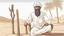 Placeholder: Old man, Arab, turban, white clothes, cattle, desert, council, sun, palm trees, mud houses, holding a stick, looking forward, a very slight smile.cartoon,Sitting on a chair,long beard,Mouth slightly open,Realistic features, portrait