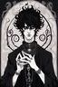 Placeholder: black haired young man necromancer wizard with gothic jewelry and tentacle fingers in the style of Aubrey Beardsley